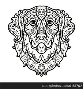 Abstract dog with decorative ornaments and doodle elements. Close up Golden retriever dog head. Vector illustration. For adult antistress coloring page, print, design, decor, T-shirt, tattoo,embrodery. Golden retriever dog head coloring book page