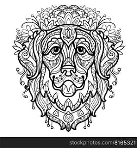 Abstract dog with decorative ornaments and doodle elements. Close up golden retrieverdog head. Vector illustration. For adult antistress coloring page, print, design, decor, T-shirt, emblem, tattoo. Coloring book page golden retriever dog vector illustration
