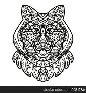 Abstract dog with decorative ornaments and doodle elements. Close up husky dog head. Vector illustration. For adult antistress coloring page, print, design, decor, T-shirt, emblem, tattoo, embrodery. Syberian husky dog head coloring book page