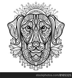 Abstract dog with decorative ornaments and doodle elements. Close up labrador dog head. Vector illustration. For adult antistress coloring page, print, design, decor, T-shirt, emblem, tattoo,embrodery. Coloring book page labrador dog vector illustration