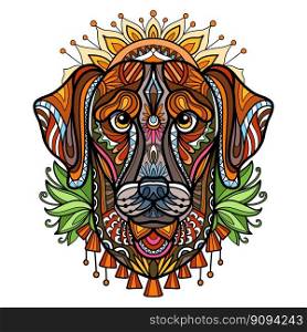 Abstract dog with decorative ornaments and doodle elements. Close up labrador dog head. Vector illustration. For print, design, decor, T-shirt, emblem, tattoo, embrodery and puzzle. Abstract head of labrador dog vector illustration