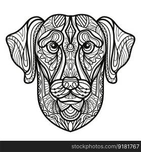 Abstract dog with decorative ornaments and doodle elements. Close up labrador dog head. Vector illustration. For adult antistress coloring page, print, design, decor, T-shirt, tattoo, embrodery. Labrador dog head coloring book page vector illustration