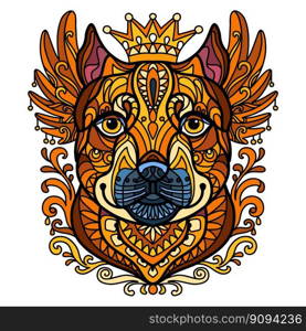 Abstract dog with decorative ornaments and doodle elements. Close up pitbull dog head. Vector illustration. For print, design, decor, T-shirt, emblem, tattoo, embrodery and puzzle. Abstract head of pitbull dog vector illustration