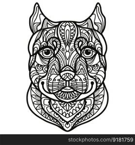 Abstract dog with decorative ornaments and doodle elements. Close up pitbull dog head. Vector illustration. For adult antistress coloring page, print, design, decor, T-shirt, emblem, tattoo, embrodery. Pitbull dog head coloring book page vector illustration
