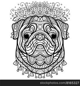 Abstract dog with decorative ornaments and doodle elements. Close up pug dog head. Vector illustration. For adult antistress coloring page, print, design, decor, T-shirt, emblem, tattoo, embrodery. Coloring book page pug dog vector illustration