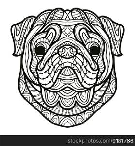 Abstract dog with decorative ornaments and doodle elements. Close up pug dog head. Vector illustration. For adult antistress coloring page, print, design, decor, T-shirt, emblem, tattoo, embrodery. Pug dog head coloring book page vector illustration