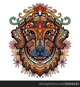 Abstract dog with decorative ornaments and doodle elements. Close up retriever dog head. Vector illustration. For print, design, decor, T-shirt, emblem, tattoo, embrodery and puzzle. Abstract head of retriever dog vector illustration