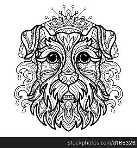 Abstract dog with decorative ornaments and doodle elements. Close up Schnauzer dog head. Vector illustration. For adult antistress coloring page, print, design, decor, T-shirt, emblem,tattoo,embrodery. Coloring book page schnauzer dog vector illustration