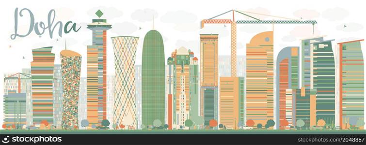 Abstract Doha skyline with color skyscrapers. Vector illustration. Business and tourism concept with skyscrapers. Image for presentation, banner, placard or web site