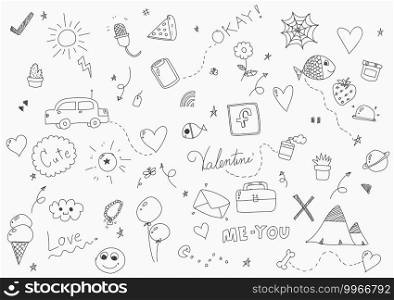 Abstract doodle drawing design artwork of Valentine’s Day decoration template. Drawing style of free hand party background. illustration 