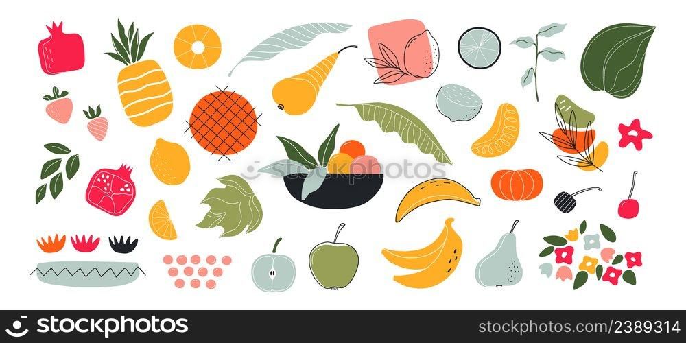 Abstract doodle shapes. Trendy minimalistic organic figures with primitive textures. Summer berries and fruits. Plate with juicy pieces. Ripe pineapple and pear. Botanical elements. Vector food set. Abstract doodle shapes. Minimalistic organic figures with primitive textures. Summer berries and fruits. Plate with juicy pieces. Pineapple and pear. Botanical elements. Vector food set