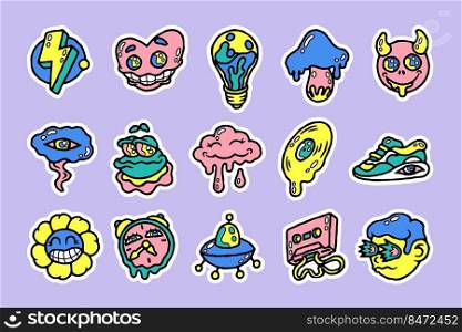 Abstract doodle sticker. Cartoon psychedelic comic characters and objects with funny faces. Vector retro stickers set dynamic design image comics icon. Abstract doodle sticker. Cartoon psychedelic comic characters and objects with funny faces. Vector retro stickers set