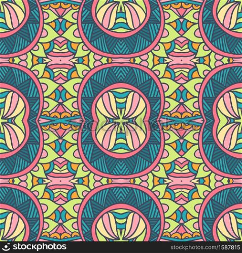 Abstract Doodle style seamless pattern ornamental. Vector seamless pattern ethnic tribal geometric psychedelic colorful print. Vector seamless pattern african art batik ikat. Ethnic print vintage fabric design.