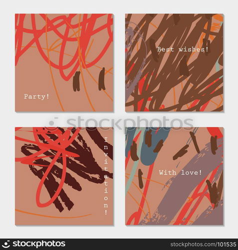 Abstract doodles scribbles marks brown orange.Hand drawn creative invitation greeting cards. Poster, placard, flayer, design templates. Anniversary, Birthday, wedding, party cards set of 4. Isolated on layer.