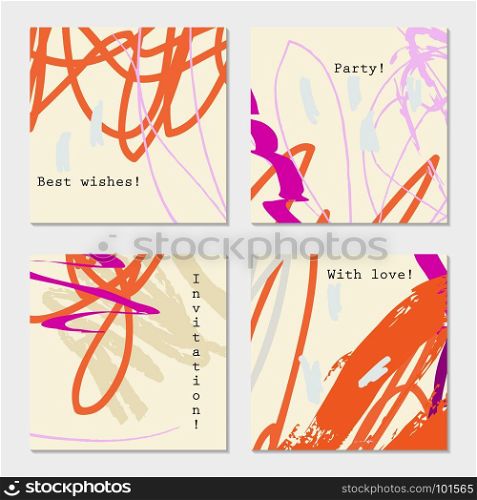 Abstract doodles scribbles marks orange purple on light yellow.Hand drawn creative invitation greeting cards. Poster, placard, flayer, design templates. Anniversary, Birthday, wedding, party cards set of 4. Isolated on layer.