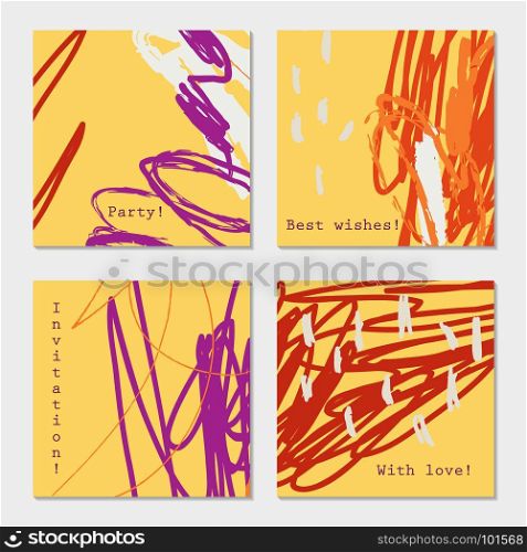 Abstract doodles scribbles marks yellow purple orange.Hand drawn creative invitation greeting cards. Poster, placard, flayer, design templates. Anniversary, Birthday, wedding, party cards set of 4. Isolated on layer.