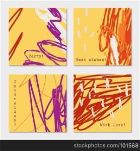 Abstract doodles scribbles marks yellow purple orange.Hand drawn creative invitation greeting cards. Poster, placard, flayer, design templates. Anniversary, Birthday, wedding, party cards set of 4. Isolated on layer.