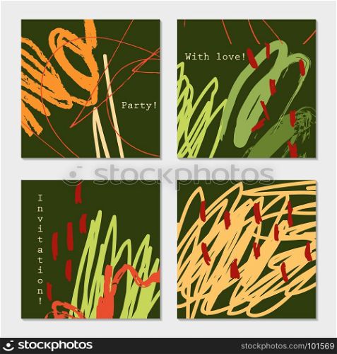 Abstract doodles scribbles marks yellow red on dark green.Hand drawn creative invitation greeting cards. Poster, placard, flayer, design templates. Anniversary, Birthday, wedding, party cards set of 4. Isolated on layer.