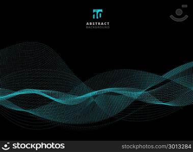 Abstract dots pattern blue particle waves on dark background with copy space. Vector graphic illustration