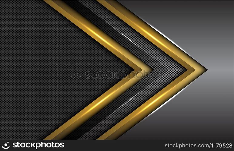 Abstract double gold dark grey metallic arrow direction with circle mesh blank space design modern luxury futuristic background vector illustration.