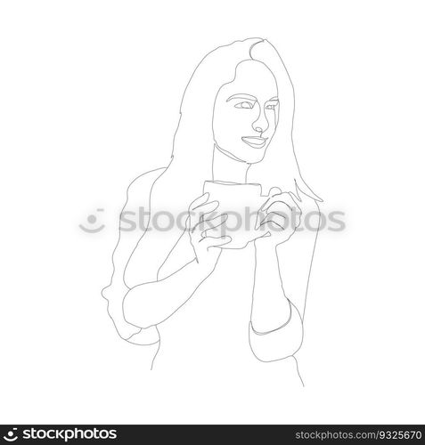 Abstract drawing of a woman with a cup. Illustration for posters, prints and creative design. Continuous line style