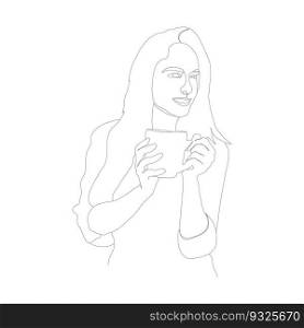 Abstract drawing of a woman with a cup. Illustration for posters, prints and creative design. Continuous line style