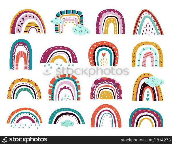 Abstract drawing rainbows. Cartoon weather, pastel modern scandinavian clouds clipart. Different unusual shapes rainy day exact vector set. Illustration weather drawing rainbow abstract. Abstract drawing rainbows. Cartoon weather, pastel modern scandinavian clouds clipart. Different unusual shapes rainy day exact vector set