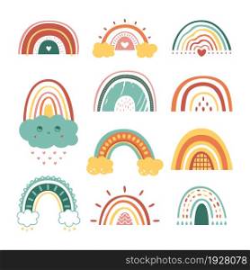 Abstract drawing rainbows. Different rainbow, flat shapes unusual pretty childish objects. Scandinavian minimal style decor, pastel classy vector set. Illustration of rainbow drawing, colorful nursery. Abstract drawing rainbows. Different rainbow, flat shapes unusual pretty childish objects. Scandinavian minimal style decor, pastel classy vector set