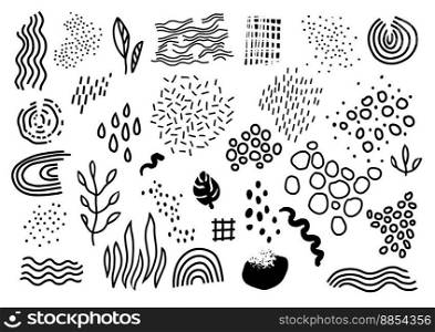 Abstract drawings, circles and straight or wavy lines. Flora and leaves, plants and bushes. Rainbow and cloud, monochrome sketch outline or silhouette of tropical monstera. Vector in flat style. Flora and drops, abstract drawing and circles