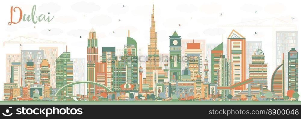 Abstract Dubai UAE Skyline with Color Buildings. Vector Illustration. Business Travel and Tourism Illustration with Modern Architecture. Image for Presentation Banner Placard and Web Site.