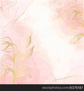 Abstract dusty blush liquid watercolor background with gold floral decoration elements. Pastel pink marble alcohol ink drawing effect and golden branches. Vector illustration of elegant wallpaper.. Abstract dusty blush liquid watercolor background with gold floral decoration elements. Pastel pink marble alcohol ink drawing effect and golden branches. Vector illustration of elegant wallpaper