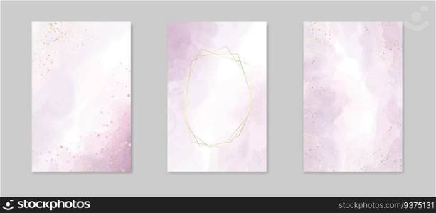 Abstract dusty lavender liquid watercolor background with golden lines, frame and stains. Pastel marble alcohol ink drawing effect. Vector illustration of acrylic fluid art painting.. Abstract dusty lavender liquid watercolor background with golden lines, frame and stains. Pastel marble alcohol ink drawing effect. Vector illustration of acrylic fluid art painting