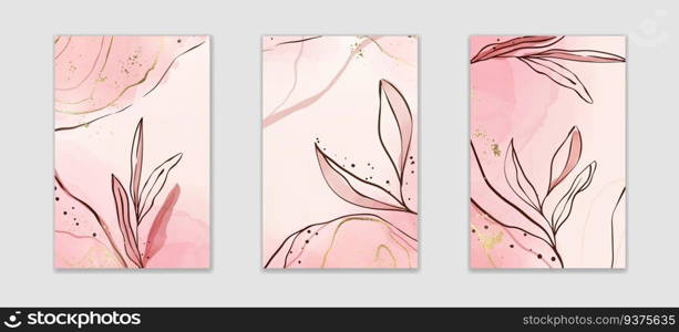 Abstract dusty pink and blush liquid watercolor background with branch and gold foil elements. Pastel alcohol ink drawing effect with golden stains. Vector illustration of botanical elegant wallpaper.. Abstract dusty pink and blush liquid watercolor background with branch and gold foil elements. Pastel alcohol ink drawing effect with golden stains. Vector illustration of botanical elegant wallpaper