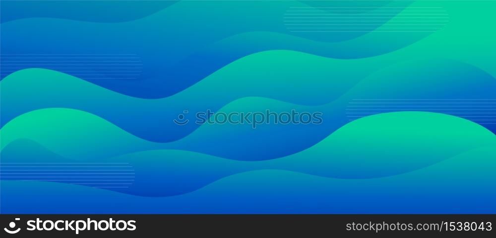 Abstract dynamic fluid gradient colorful blue and green wave with line vector graphic illustration. Futuristic bright marine surface waving flow decorative design. Abstract dynamic fluid gradient colorful blue and green wave with line vector graphic illustration