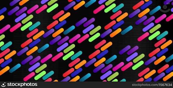 Abstract dynamic geometric colorful diagonal rounded lines pattern on black background with space for text. vector illustration.