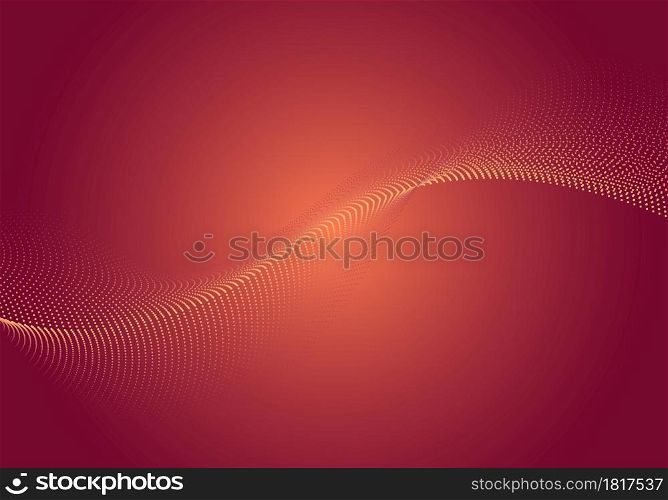 Abstract dynamic wave dots array particles flowing on red glowing background. Vector illustration