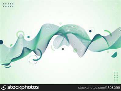 Abstract dynamic wave wavy green lines with geometric elements on white background. Vector illustration