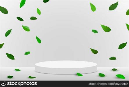 Abstract eco scene background. Cylinder podium with leaves. Product presentation, mock up, show natural cosmetic product. Podium, stage pedestal or platform. Vector illustration. Abstract eco scene background. Cylinder podium with leaves. Product presentation, mock up, show natural cosmetic product. Podium, stage pedestal or platform.