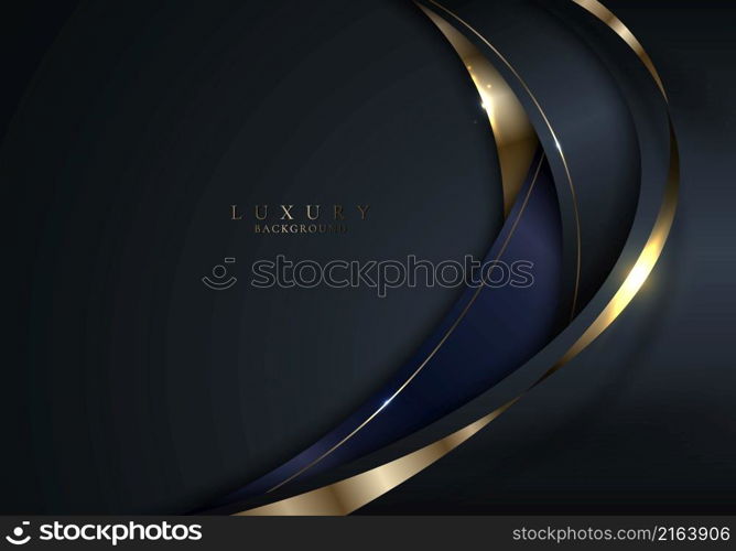 Abstract elegant 3D black and gold curve shape with shiny golden ribbon lines and lighting on dark background luxury style. Vector graphic illustration