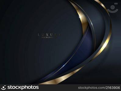 Abstract elegant 3D black and gold curve shape with shiny golden ribbon lines and lighting on dark background luxury style. Vector graphic illustration