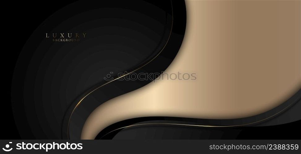 Abstract elegant 3D black wave shapes and golden curved line elements with lighting effect on gold background. Luxury style. Vector graphic illustration