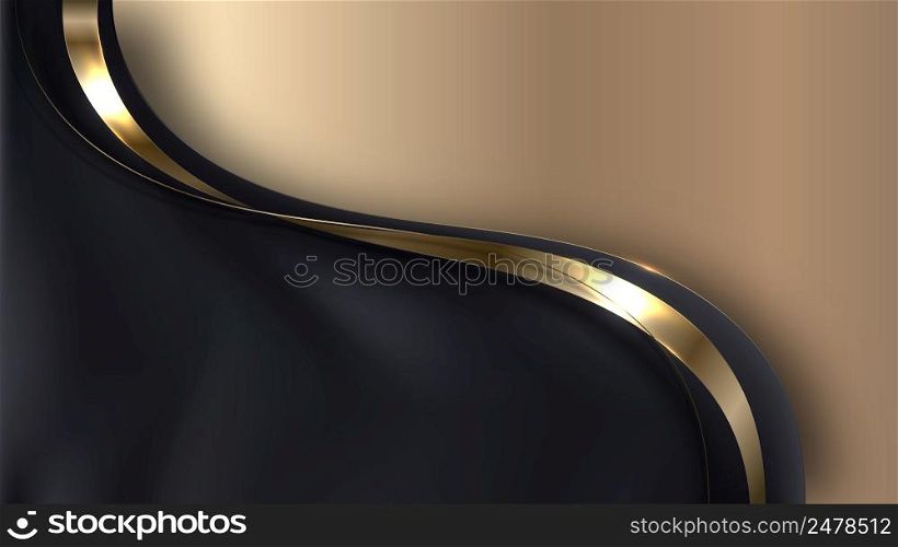 Abstract elegant 3D black wave shapes and golden ribbon curved line elements with lighting effect on gold background. Luxury style. Vector graphic illustration