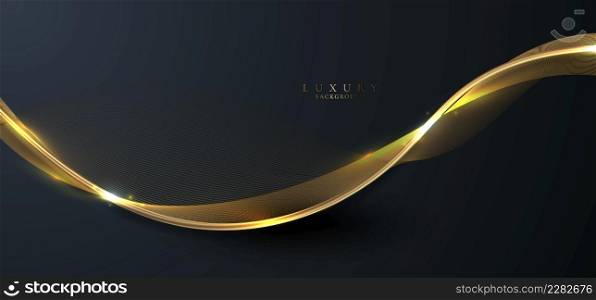 Abstract elegant 3D golden wave curved line elements with lighting effect on dark blue background. Luxury style. Vector graphic illustration