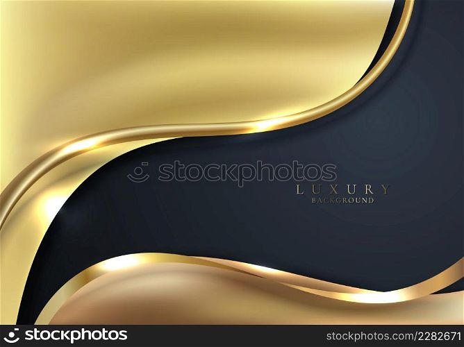 Abstract elegant 3D golden wave shapes and curved line elements with lighting effect on dark blue background. Luxury style. Vector graphic illustration