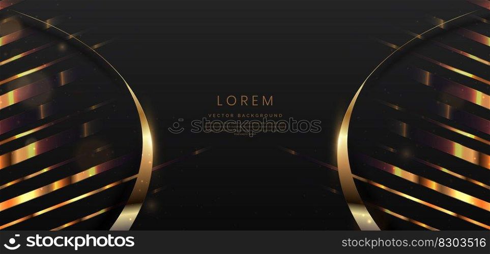 Abstract elegant black background with golden curved lines and lighting effect sparkle. Luxury template award design. Vector illustration