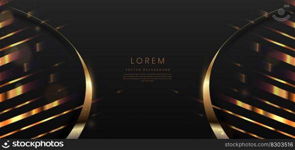 Abstract elegant black background with golden curved lines and lighting effect sparkle. Luxury template award design. Vector illustration