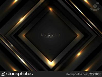 Abstract elegant black geometric squares overlapping background with golden lines and lighting effect. Luxury style. Vector graphic illustration