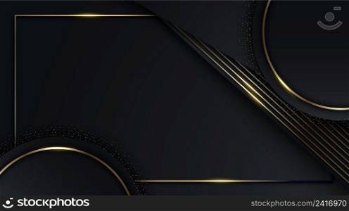 Abstract elegant black stripes and circle with golden dots particles and lighting effect on dark background luxury style. Vector illustration