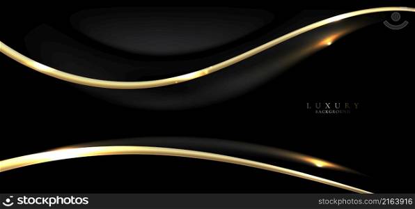 Abstract elegant black wave curved shape background with 3D golden line and lighting effect. Luxury style. Vector graphic illustration
