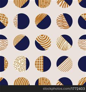 Abstract elegant blue and brown circles seamless pattern with hand drawn striped line texture isolated on white background. Modern luxury design for paper, fabric, interior decor, wallpaper, poster, brochure, etc. Vector illustration